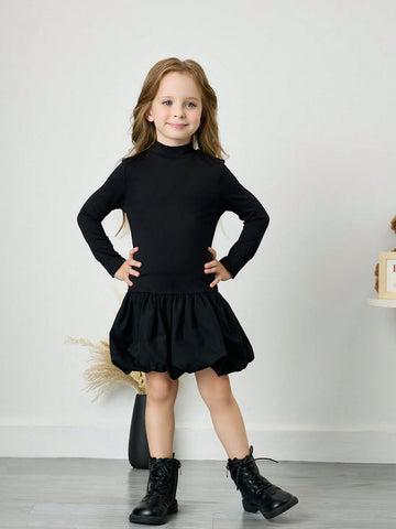Young Girl New Casual Solid Color High Neck Pleated Flower Hem Dress, Low Waist Mini Bubble Dress
