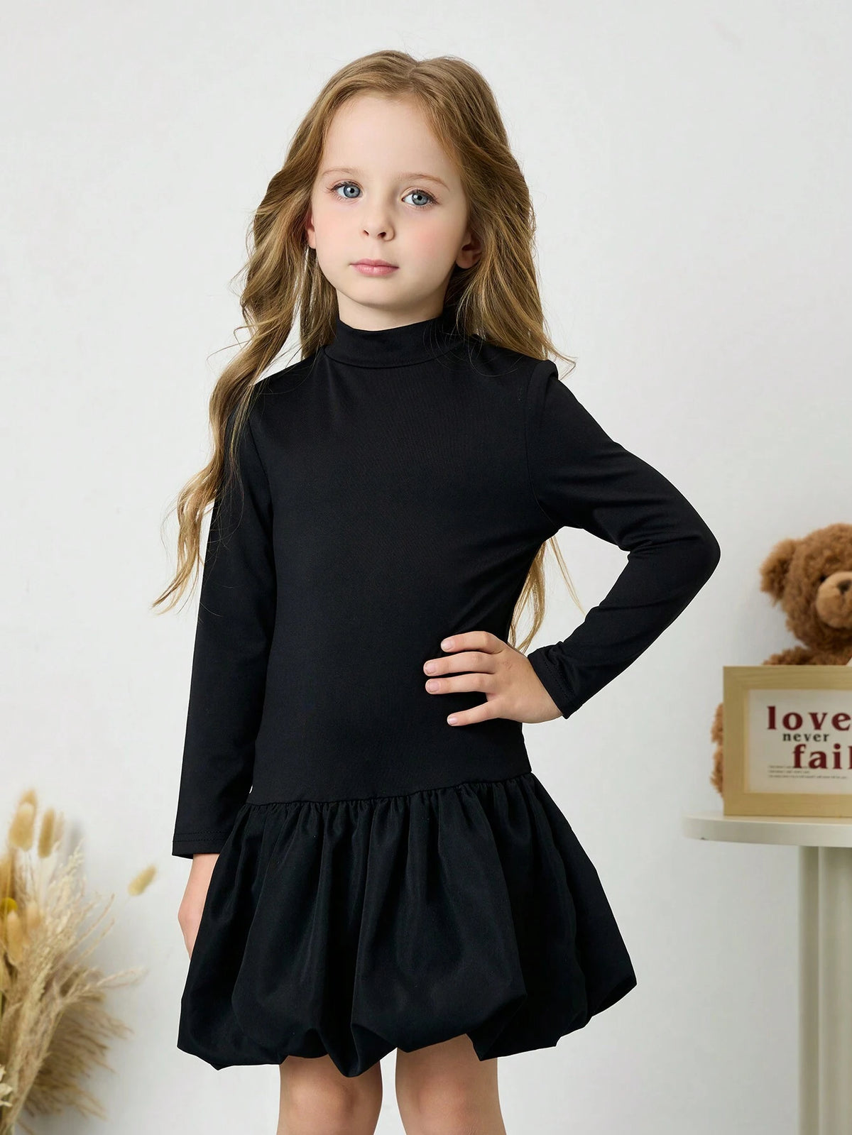 Young Girl New Casual Solid Color High Neck Pleated Flower Hem Dress, Low Waist Mini Bubble Dress