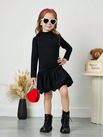 Young Girl New Casual Solid Color High Neck Pleated Flower Hem Dress, Low Waist Mini Bubble Dress
