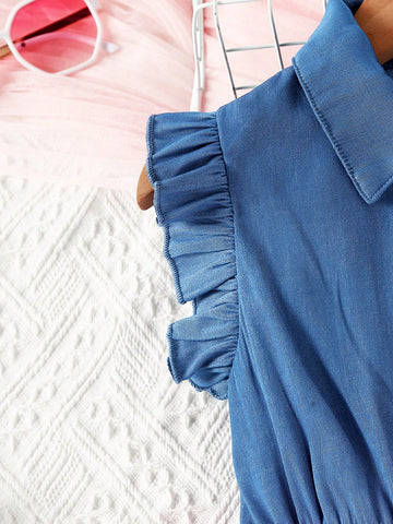 Young Girl Ombre Ruffle Trim Mesh Hem Shirt Dress