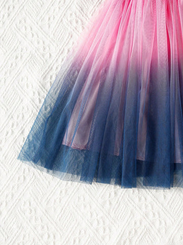 Young Girl Ombre Ruffle Trim Mesh Hem Shirt Dress
