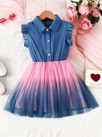 Young Girl Ombre Ruffle Trim Mesh Hem Shirt Dress