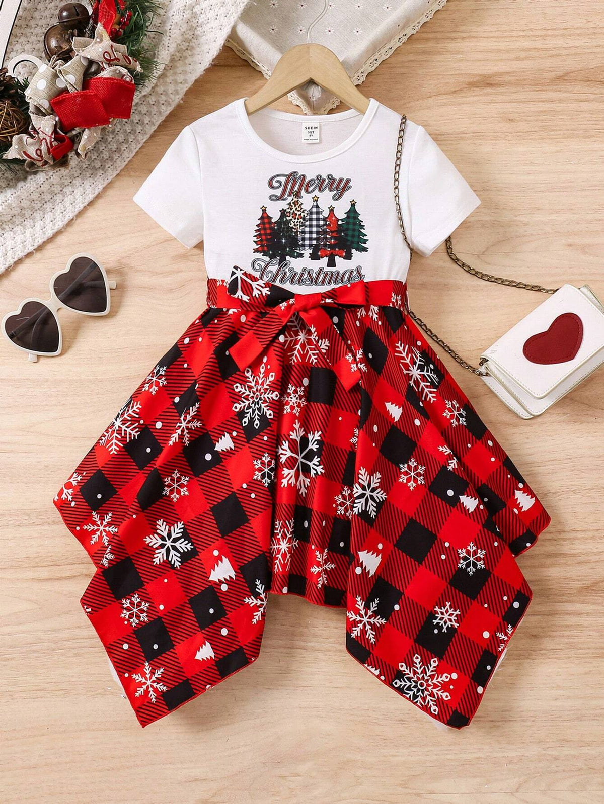 Young Girl Party Christmas Tree & Letter Print Round Neck Short Sleeve Casual Dress