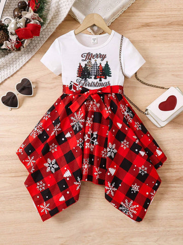 Young Girl Party Christmas Tree & Letter Print Round Neck Short Sleeve Casual Dress