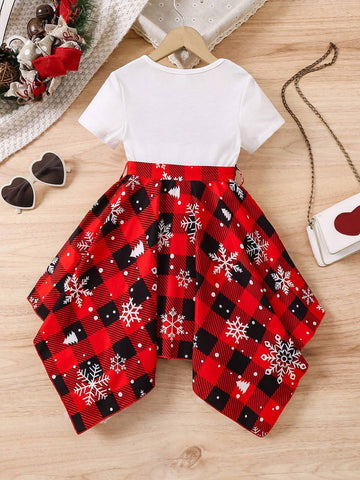 Young Girl Party Christmas Tree & Letter Print Round Neck Short Sleeve Casual Dress