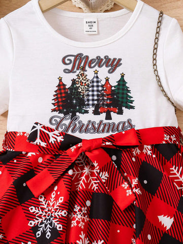Young Girl Party Christmas Tree & Letter Print Round Neck Short Sleeve Casual Dress
