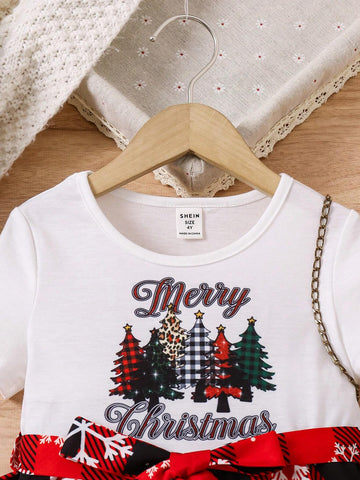 Young Girl Party Christmas Tree & Letter Print Round Neck Short Sleeve Casual Dress