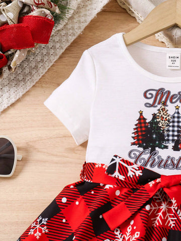 Young Girl Party Christmas Tree & Letter Print Round Neck Short Sleeve Casual Dress