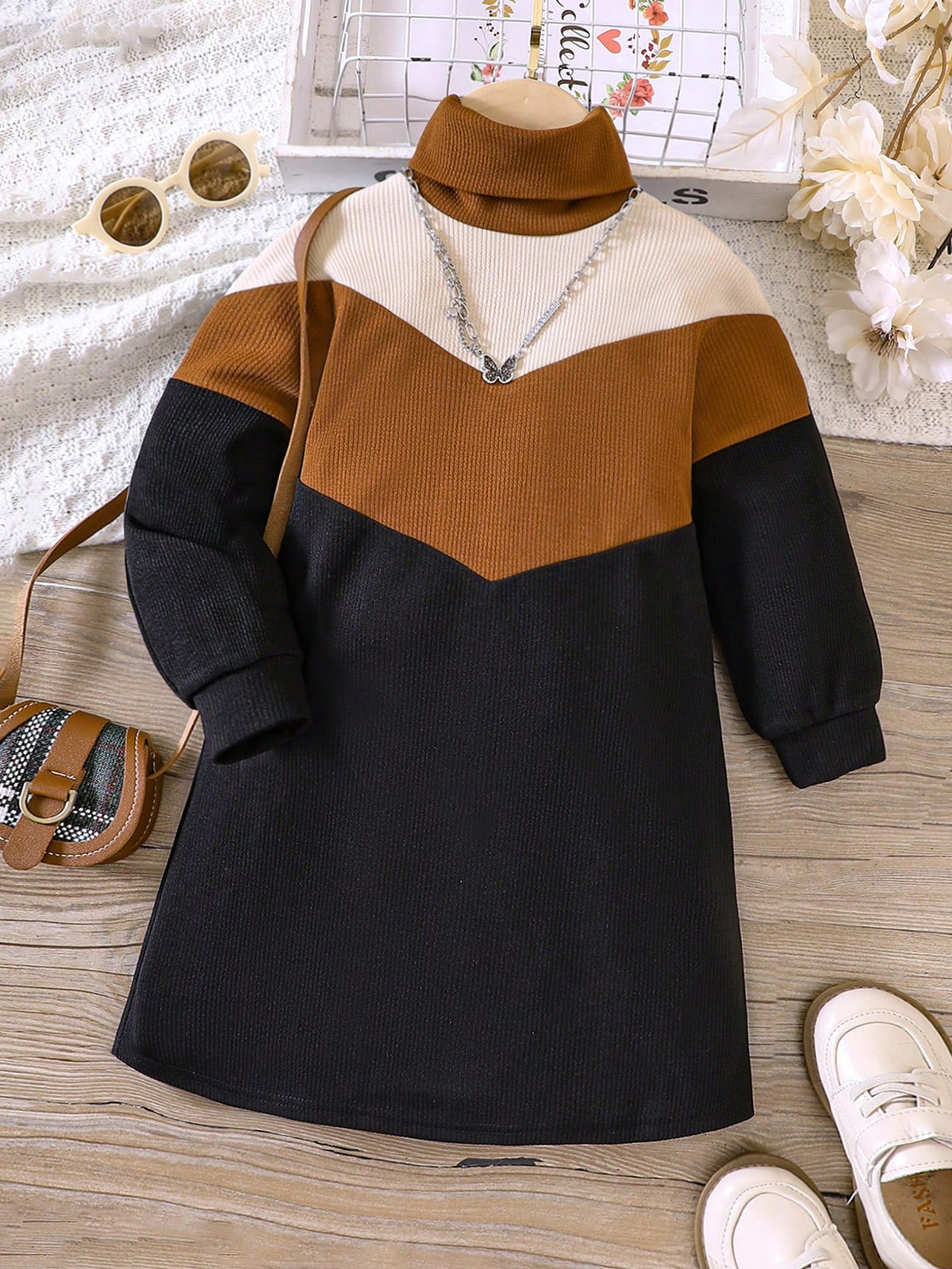 Young Girl Patchwork Color Block Minimalist Casual Everyday Dress