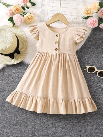 Young Girl Peach Solid Color, Casual Style, Simple Design, Round Neck, Puff Sleeve, Ruffle Hem Mini Dress For Summer Holiday