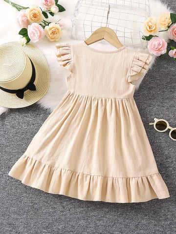 Young Girl Peach Solid Color, Casual Style, Simple Design, Round Neck, Puff Sleeve, Ruffle Hem Mini Dress For Summer Holiday