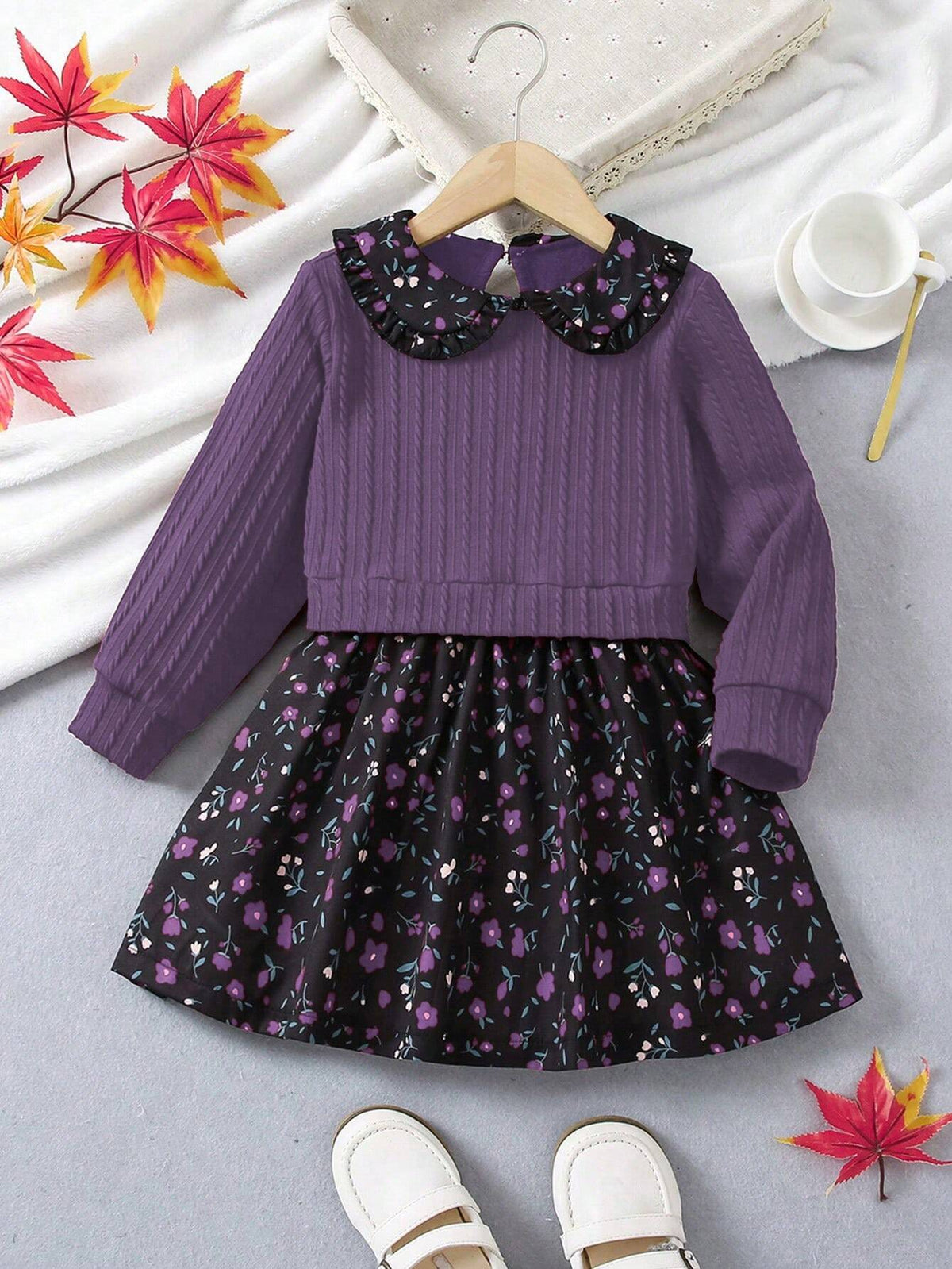 Young Girl Peter Pan Collar Elegant Party Vintage Floral Print Long Sleeve Dress