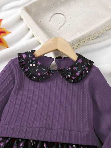 Young Girl Peter Pan Collar Elegant Party Vintage Floral Print Long Sleeve Dress