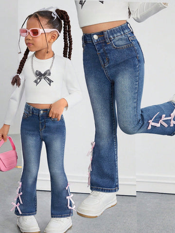 Young Girl' Pink Cute Bow Accent Blue Denim Jeggings