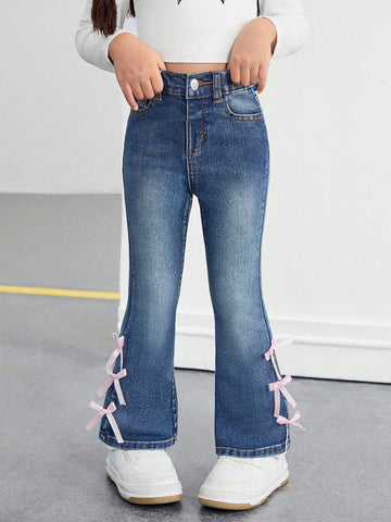 Young Girl' Pink Cute Bow Accent Blue Denim Jeggings
