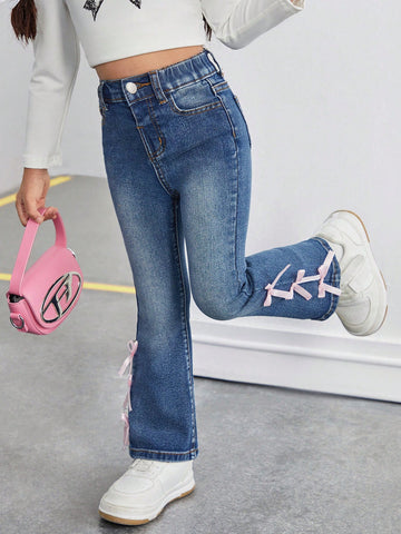 Young Girl' Pink Cute Bow Accent Blue Denim Jeggings