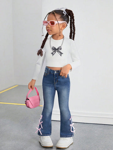 Young Girl' Pink Cute Bow Accent Blue Denim Jeggings
