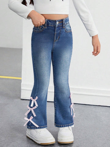 Young Girl' Pink Cute Bow Accent Blue Denim Jeggings