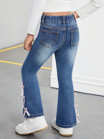 Young Girl' Pink Cute Bow Accent Blue Denim Jeggings