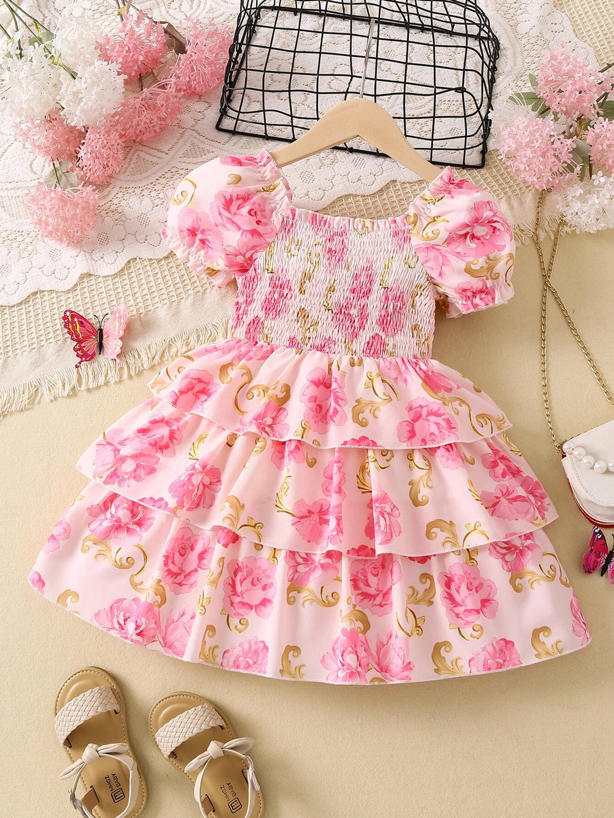 Young Girl Pink Floral Printed Romantic Vacation Style Round Neck Princess Sleeve Dress For Summer