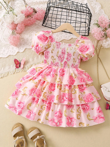 Young Girl Pink Floral Printed Romantic Vacation Style Round Neck Princess Sleeve Dress For Summer