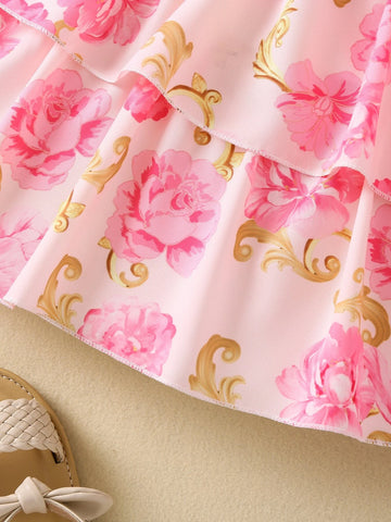 Young Girl Pink Floral Printed Romantic Vacation Style Round Neck Princess Sleeve Dress For Summer