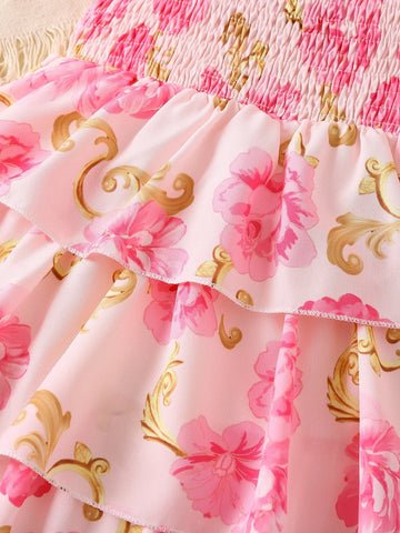 Young Girl Pink Floral Printed Romantic Vacation Style Round Neck Princess Sleeve Dress For Summer