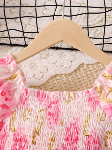Young Girl Pink Floral Printed Romantic Vacation Style Round Neck Princess Sleeve Dress For Summer