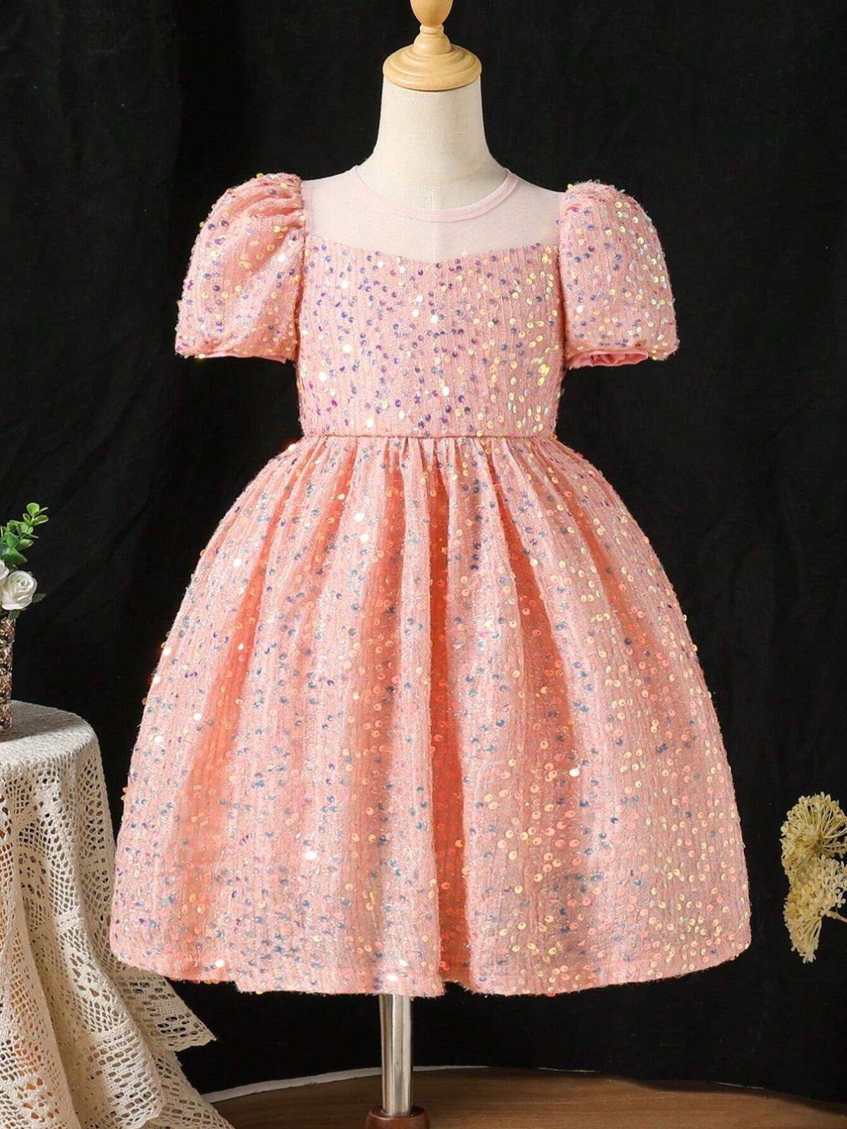 Young Girl Pink Sequin Decorated A-Line Dress Elegant, Suitable For Christmas Party, Autumn & Winter