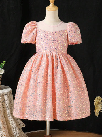 Young Girl Pink Sequin Decorated A-Line Dress Elegant, Suitable For Christmas Party, Autumn & Winter