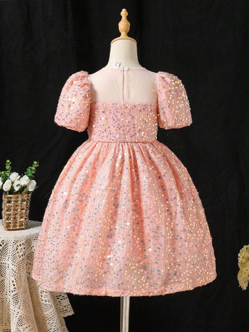 Young Girl Pink Sequin Decorated A-Line Dress Elegant, Suitable For Christmas Party, Autumn & Winter
