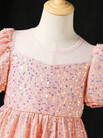 Young Girl Pink Sequin Decorated A-Line Dress Elegant, Suitable For Christmas Party, Autumn & Winter