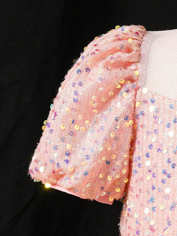 Young Girl Pink Sequin Decorated A-Line Dress Elegant, Suitable For Christmas Party, Autumn & Winter