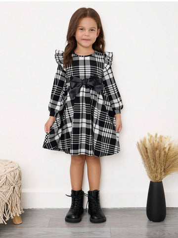 Young Girl Plaid Bow Decor Round Neck Fall/Winter Dress
