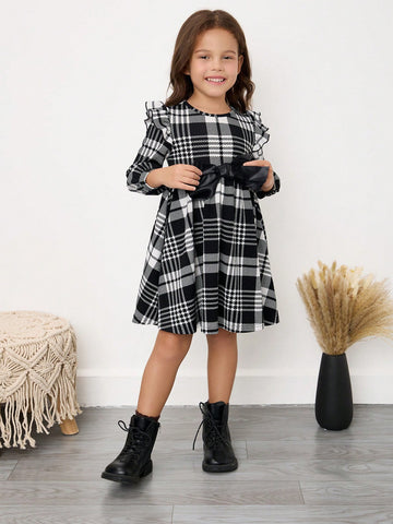 Young Girl Plaid Bow Decor Round Neck Fall/Winter Dress