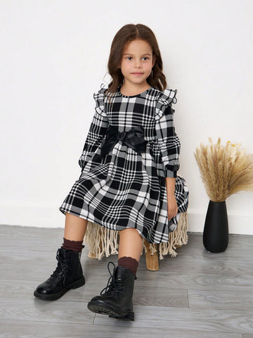 Young Girl Plaid Bow Decor Round Neck Fall/Winter Dress