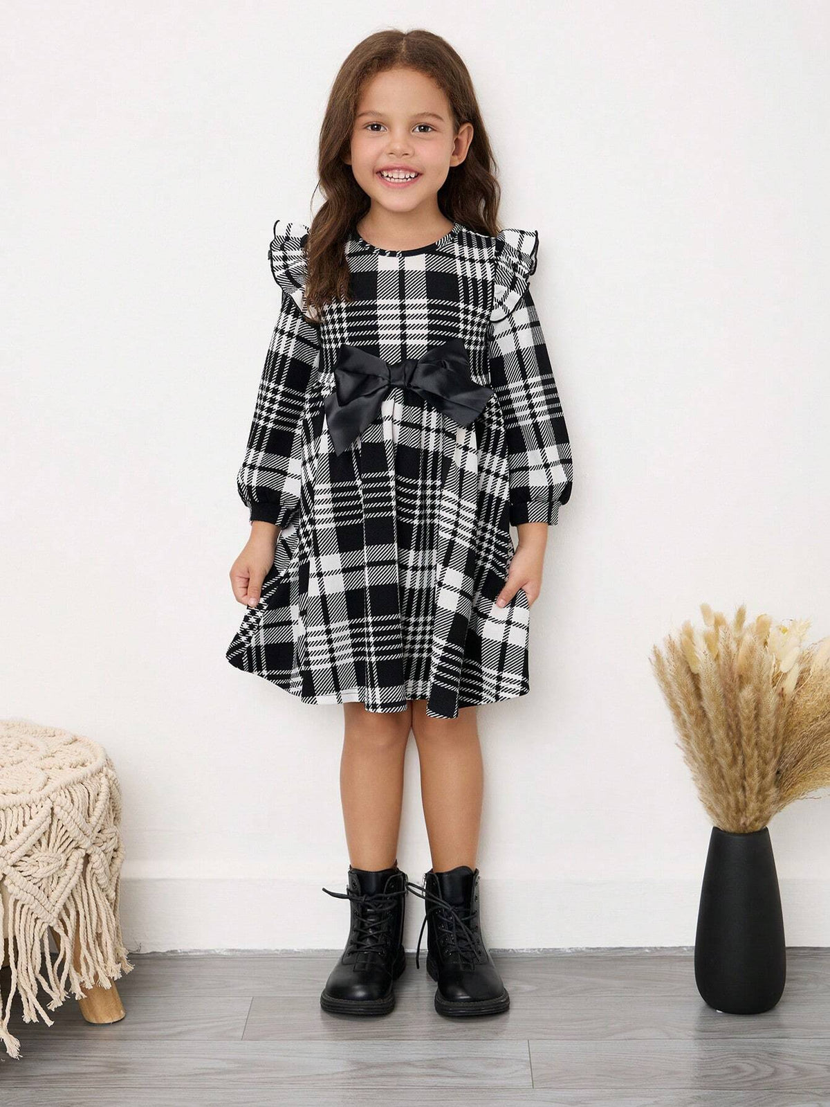 Young Girl Plaid Bow Decor Round Neck Fall/Winter Dress
