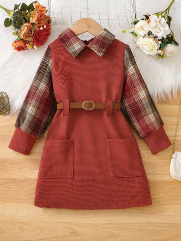 Young Girl Plaid Long Sleeve Dual Pocket Casual 2 In 1 Dress, Spring-Autumn