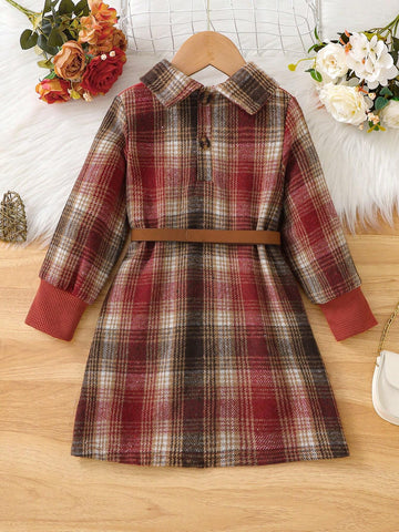 Young Girl Plaid Long Sleeve Dual Pocket Casual 2 In 1 Dress, Spring-Autumn