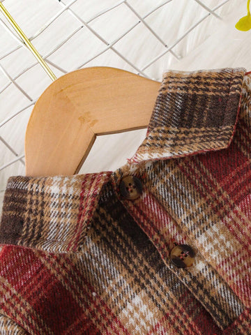 Young Girl Plaid Long Sleeve Dual Pocket Casual 2 In 1 Dress, Spring-Autumn