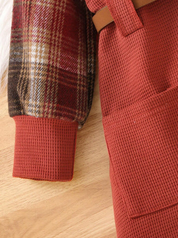 Young Girl Plaid Long Sleeve Dual Pocket Casual 2 In 1 Dress, Spring-Autumn