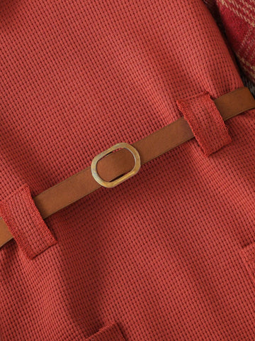 Young Girl Plaid Long Sleeve Dual Pocket Casual 2 In 1 Dress, Spring-Autumn