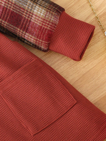 Young Girl Plaid Long Sleeve Dual Pocket Casual 2 In 1 Dress, Spring-Autumn