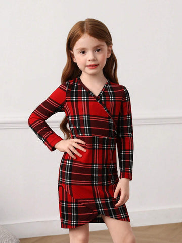 Young Girl Plaid Overlap V-Neck Long Sleeve Casual Dress, Autumn