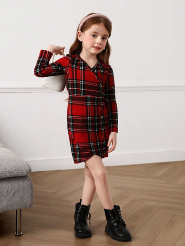 Young Girl Plaid Overlap V-Neck Long Sleeve Casual Dress, Autumn