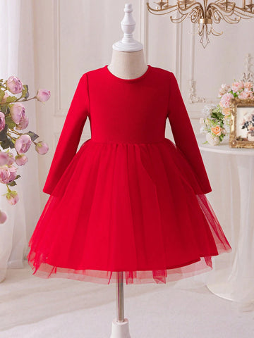 Young Girl Plaid Patchwork Round Neck Woven Dress With 3D Bow & Mesh Detail