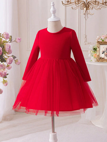 Young Girl Plaid Patchwork Round Neck Woven Dress With 3D Bow & Mesh Detail