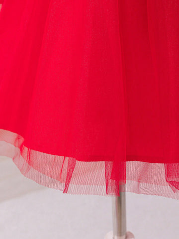 Young Girl Plaid Patchwork Round Neck Woven Dress With 3D Bow & Mesh Detail
