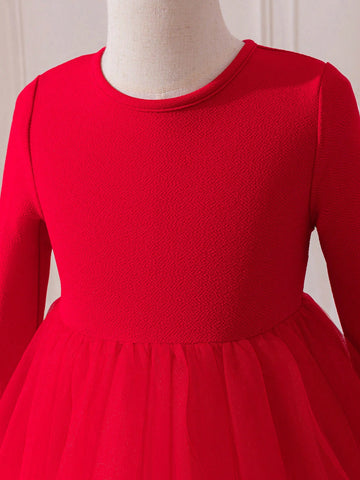 Young Girl Plaid Patchwork Round Neck Woven Dress With 3D Bow & Mesh Detail