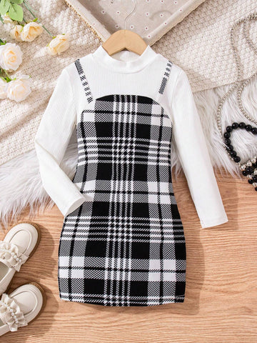 Young Girl Plaid Print 2 In 1 Dress For Christmas,Great For Casual & Daily Wear & School Daily In Autumn & Winter